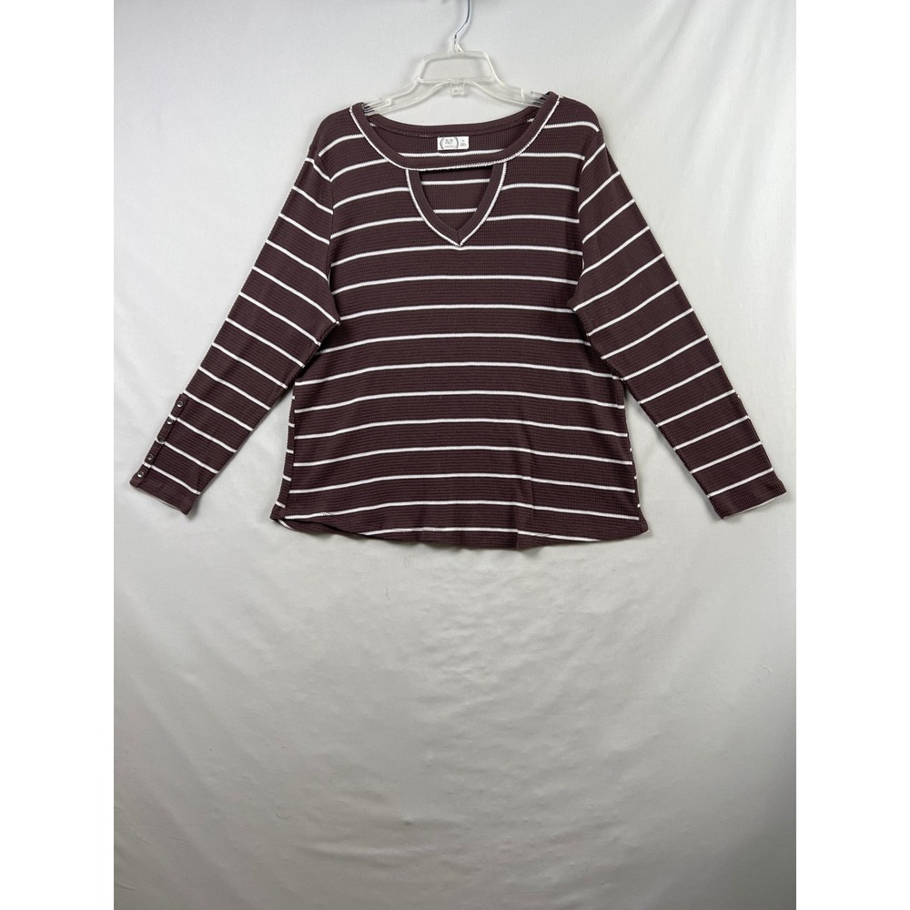Maurices Waffle Knit Top Womens 1X Brown Striped V-Neck Cutout Button Cuff Shirt
